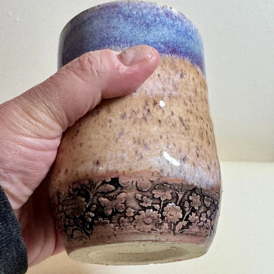 Handmade Ceramic Tumbler | 9 oz | Soft Blue & Lavender Glaze | Floral Relief Pottery Cup