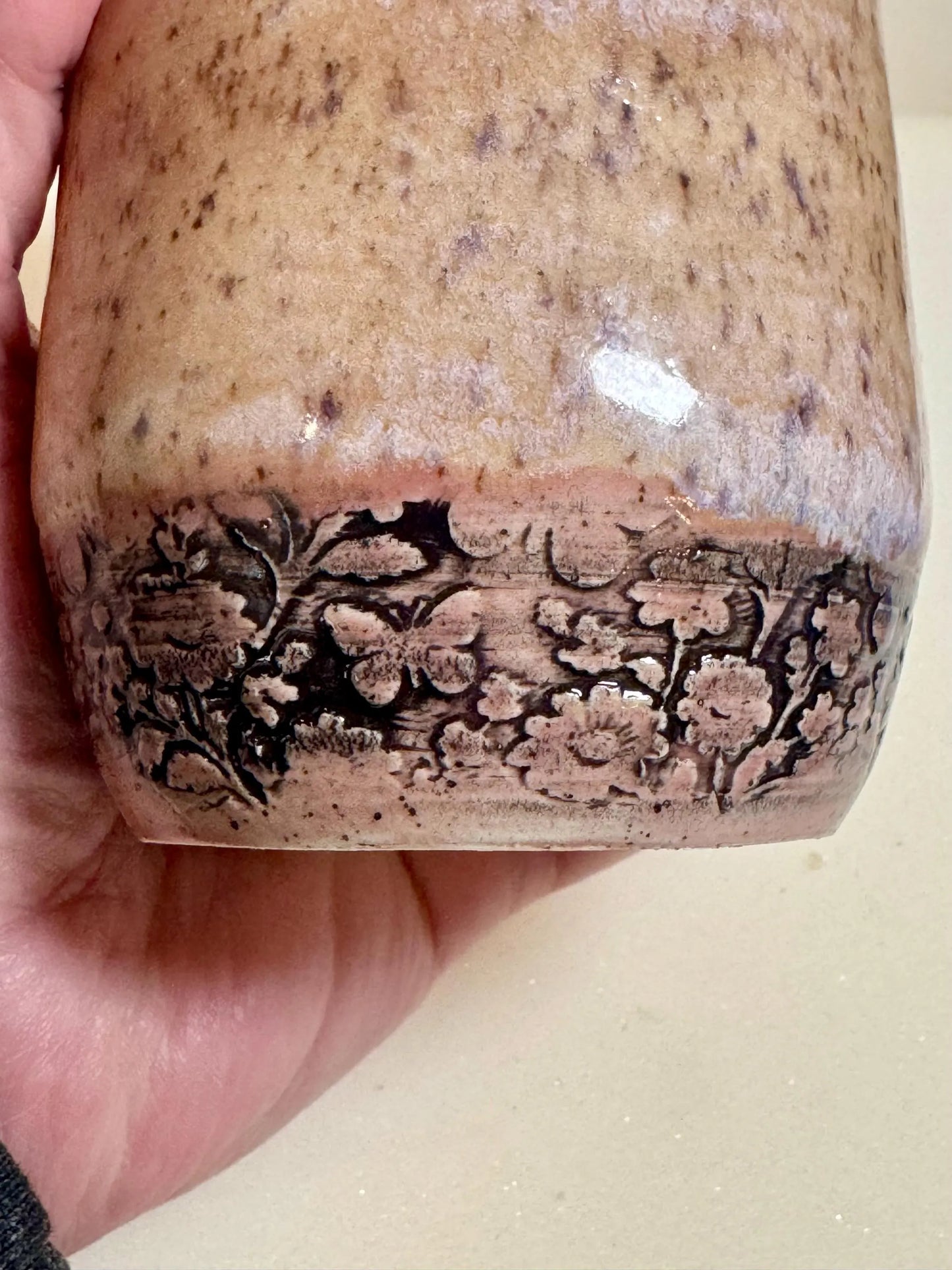 Handmade Ceramic Tumbler | 9 oz | Soft Blue & Lavender Glaze | Floral Relief Pottery Cup
