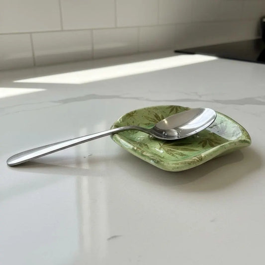 Cannabis Leaf Trinket Dish | Handmade Green Stoneware | Spoon Rest or Catchall
