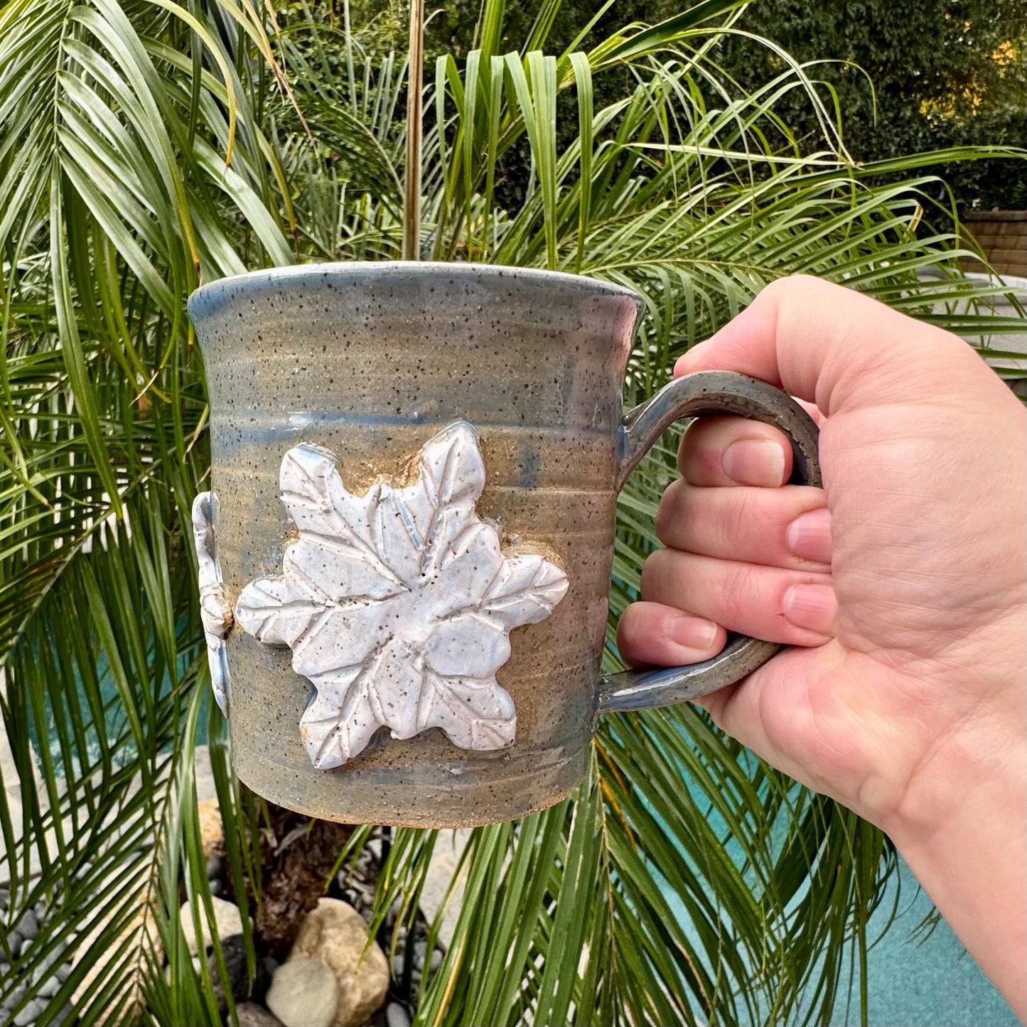 Handmade Snowflake Mug Set | Set of 2 | 16 oz Wheel-Thrown Stoneware Coffee Cups | Holiday Gift | Blue-Gray Ceramic Mugs
