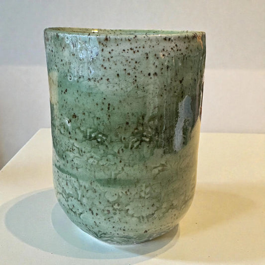Green Floral Tumbler | 8 oz Small Speckled Stoneware | Handmade Floral Relief Pottery