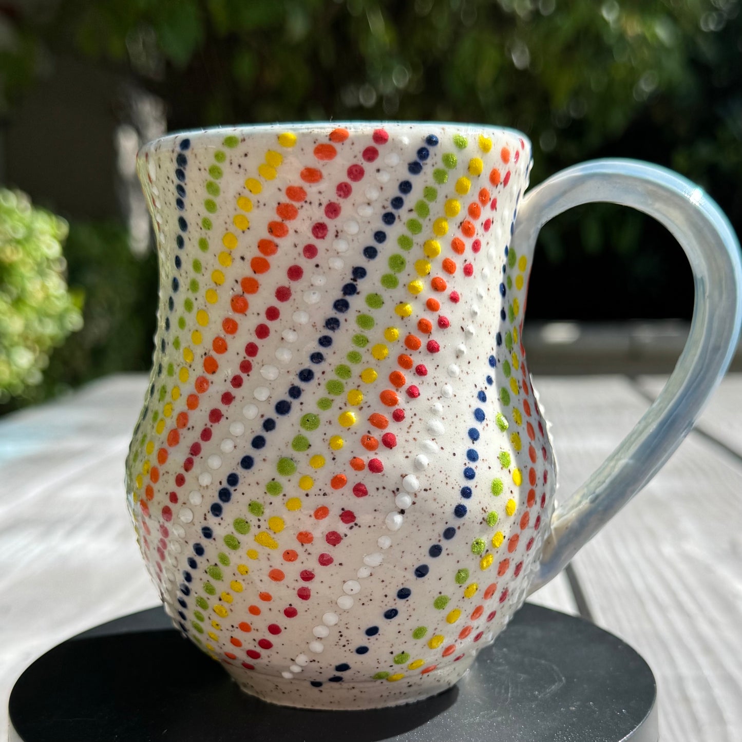 Handmade Rainbow Dot Stoneware Mug – 14 oz Coffee Cup