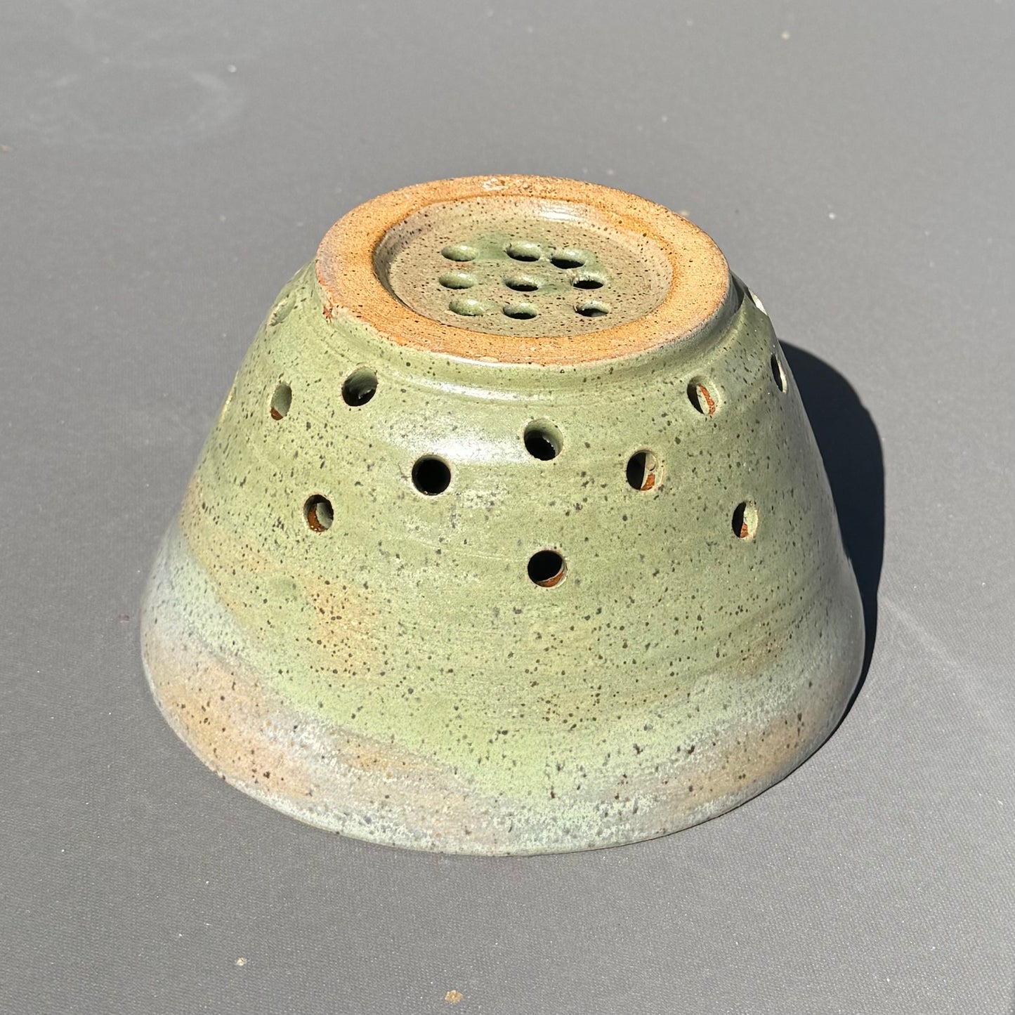 Handmade Green Stoneware Colander | Ceramic Berry Bowl & Produce Strainer