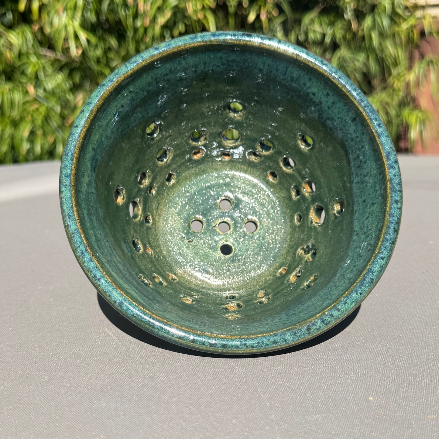 Handmade Green Stoneware Colander | Large Ceramic Berry Bowl & Produce Strainer