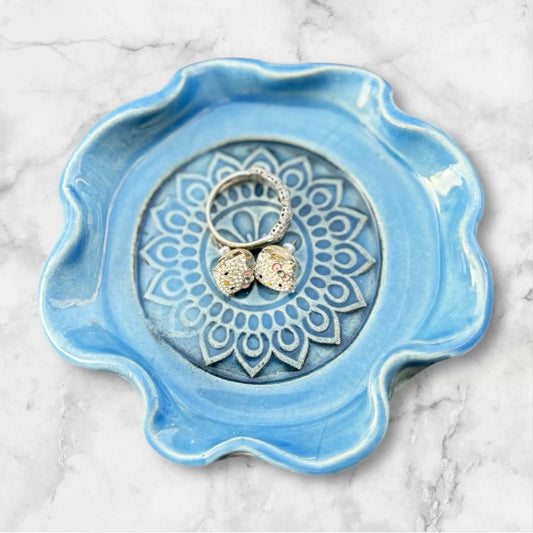 Mandala Ring Dish | Handmade Scalloped Stoneware | Boho Jewelry & Trinket Holder