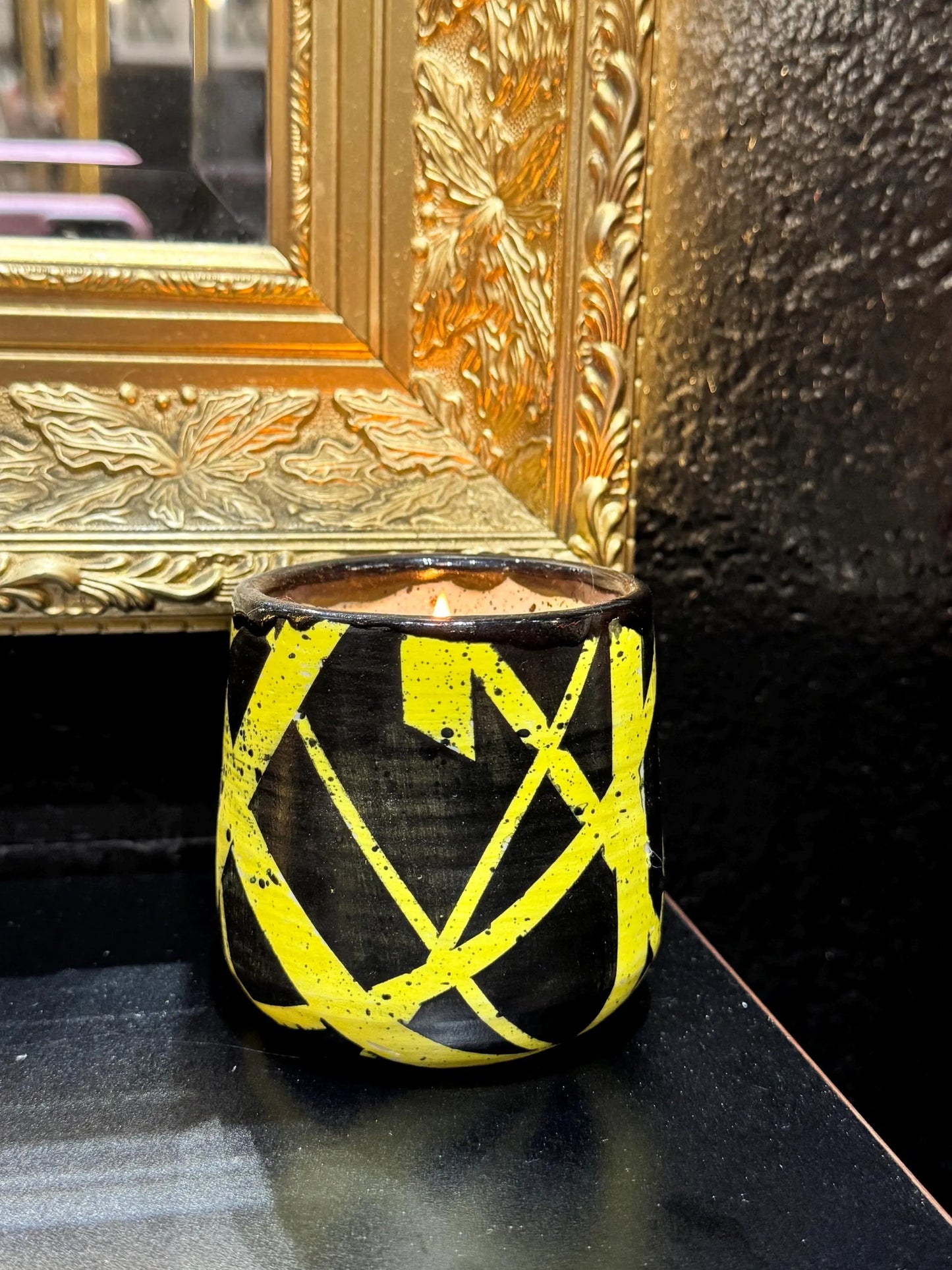 EVH Inspired Soy Candle | Handmade Stoneware Holder | Black & Yellow Ceramic
