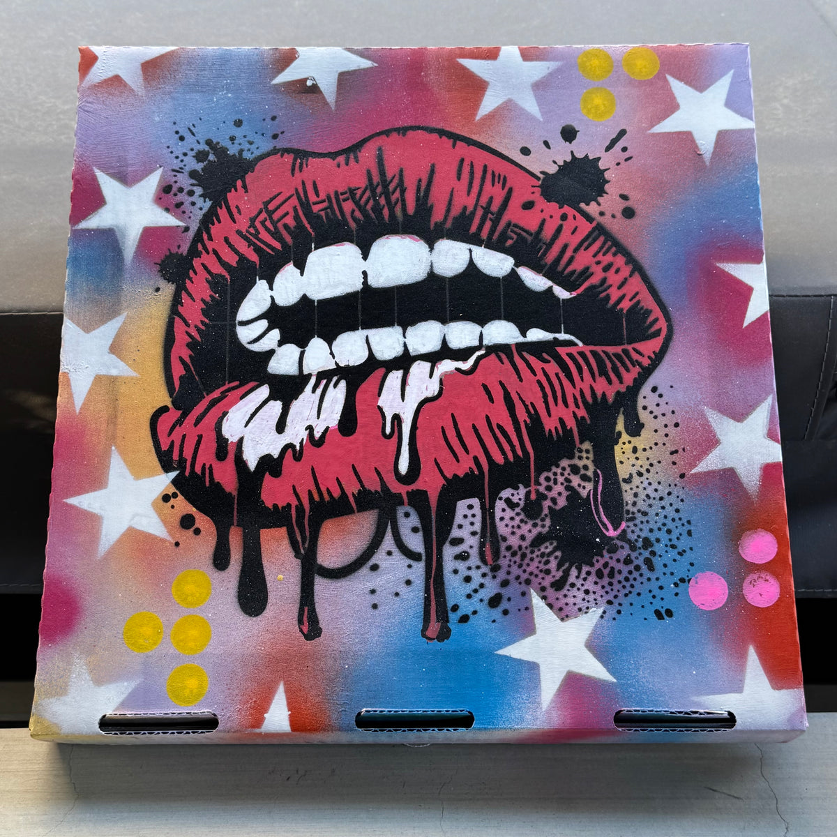 Dripping Lips Upcycled Pizza Box Pop Art – 14.5” x 14.5”