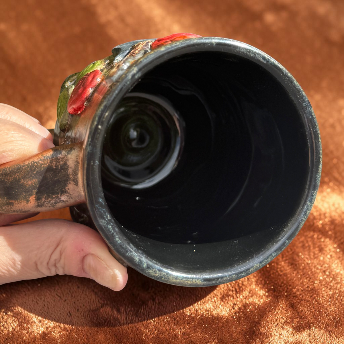 Rock N Art Shop handmade 16 oz stoneware mug with a glossy dark interior and bronze-toned exterior finish.