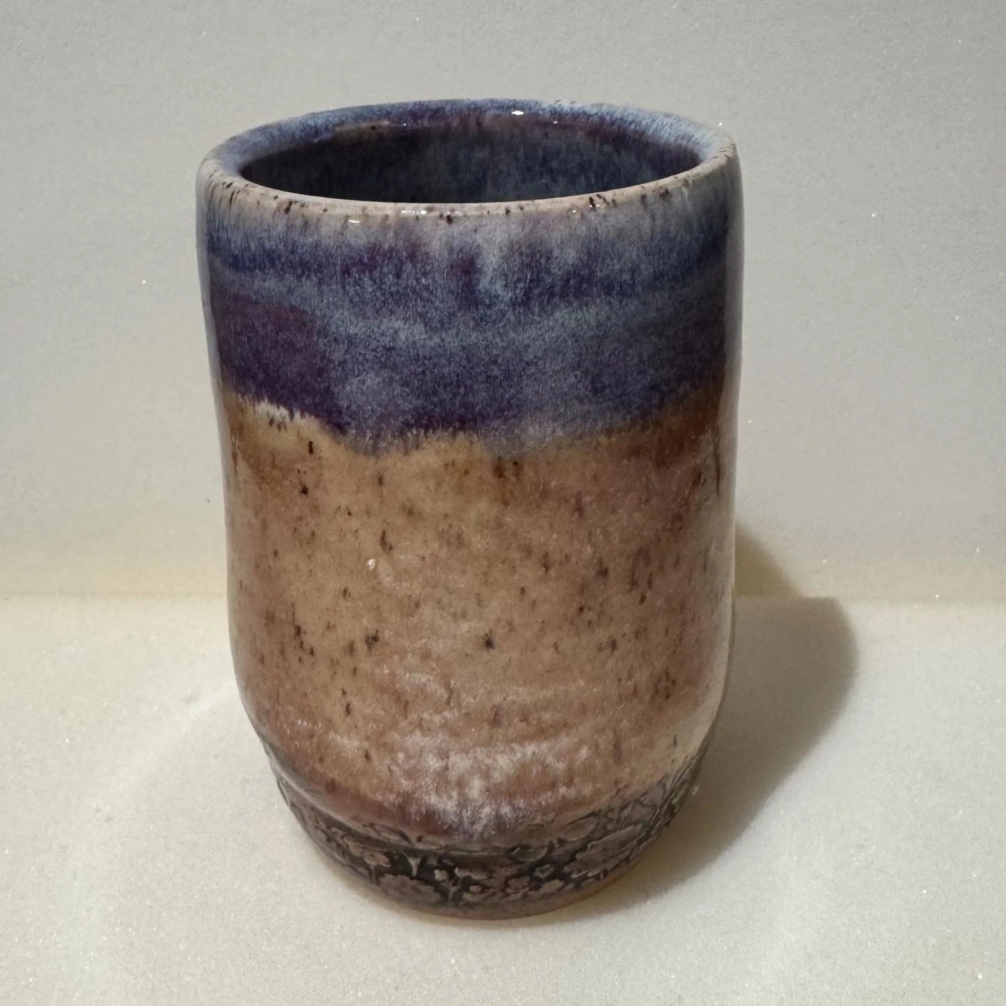 Handmade Ceramic Tumbler | 10 oz | Soft Blue & Lavender Glaze | Floral Relief Pottery Cup #2