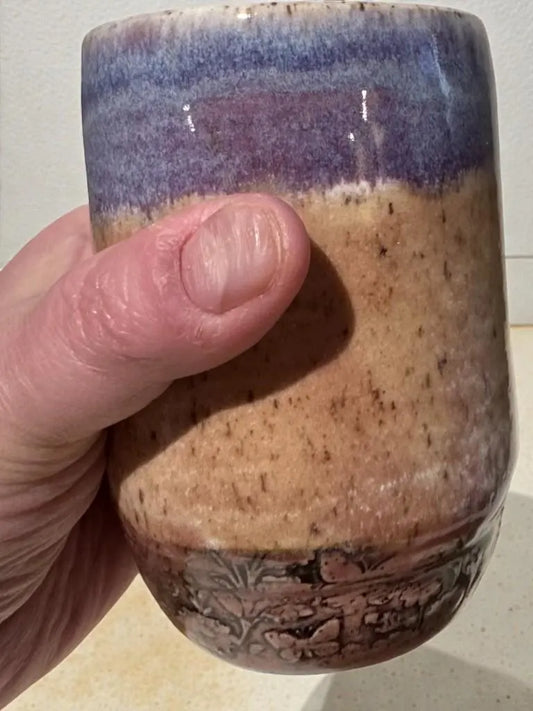 Handmade Ceramic Tumbler | 10 oz | Soft Blue & Lavender Glaze | Floral Relief Pottery Cup #2