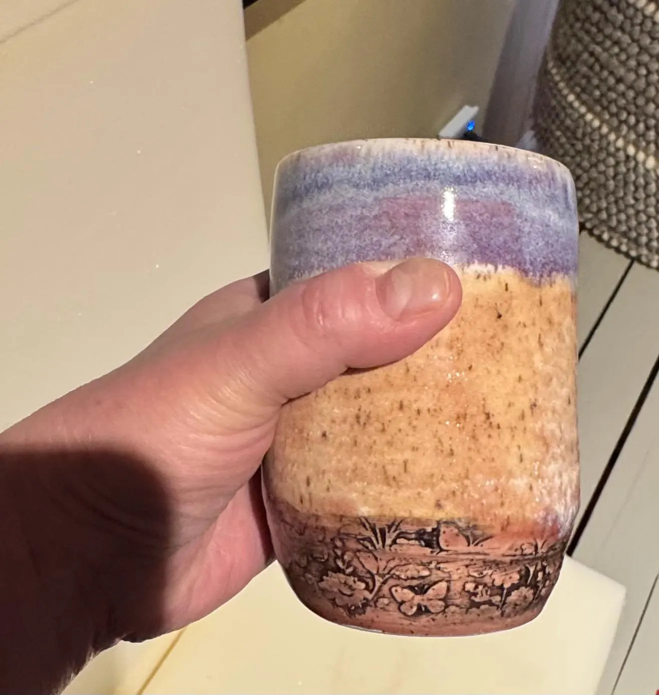 Handmade Ceramic Tumbler | 10 oz | Soft Blue & Lavender Glaze | Floral Relief Pottery Cup #2
