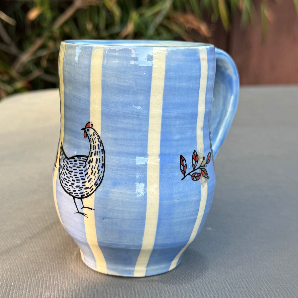Blue Stripe & Chickens 8 Oz Wheel-Thrown Stoneware Mug
