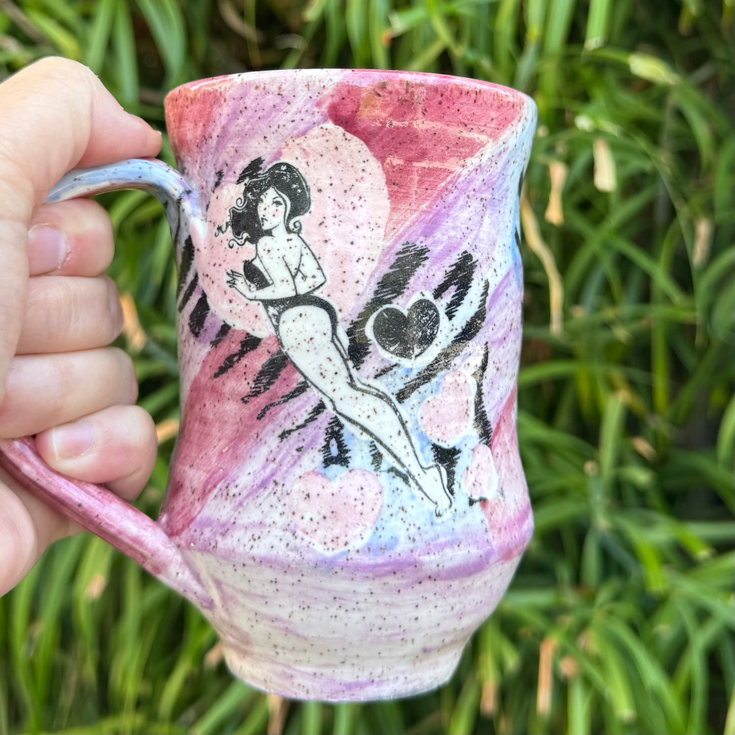 Hand-Thrown Stoneware Mug — Retro Pin-Up Swirl