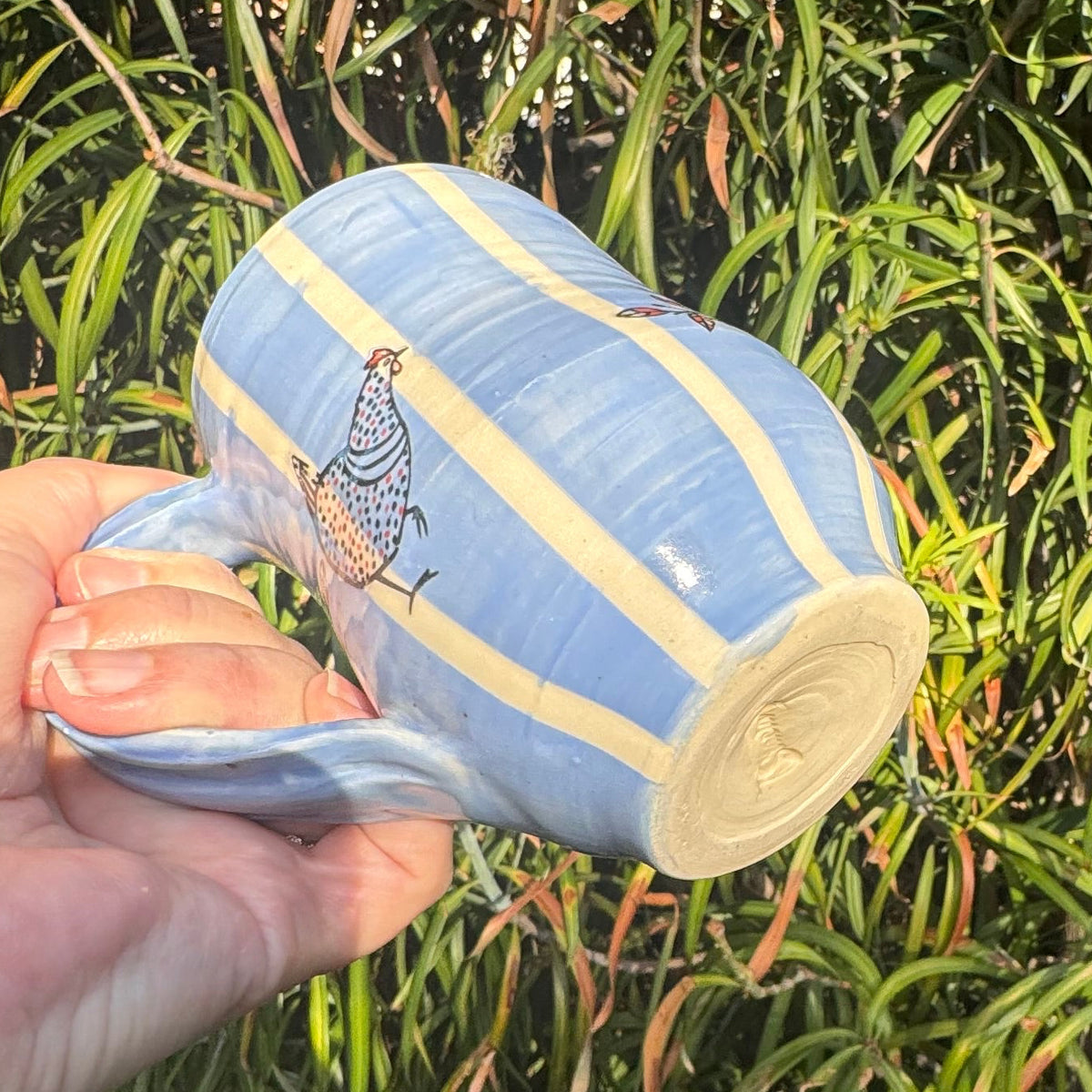 Blue Stripe & Chickens 8 Oz Wheel-Thrown Stoneware Mug