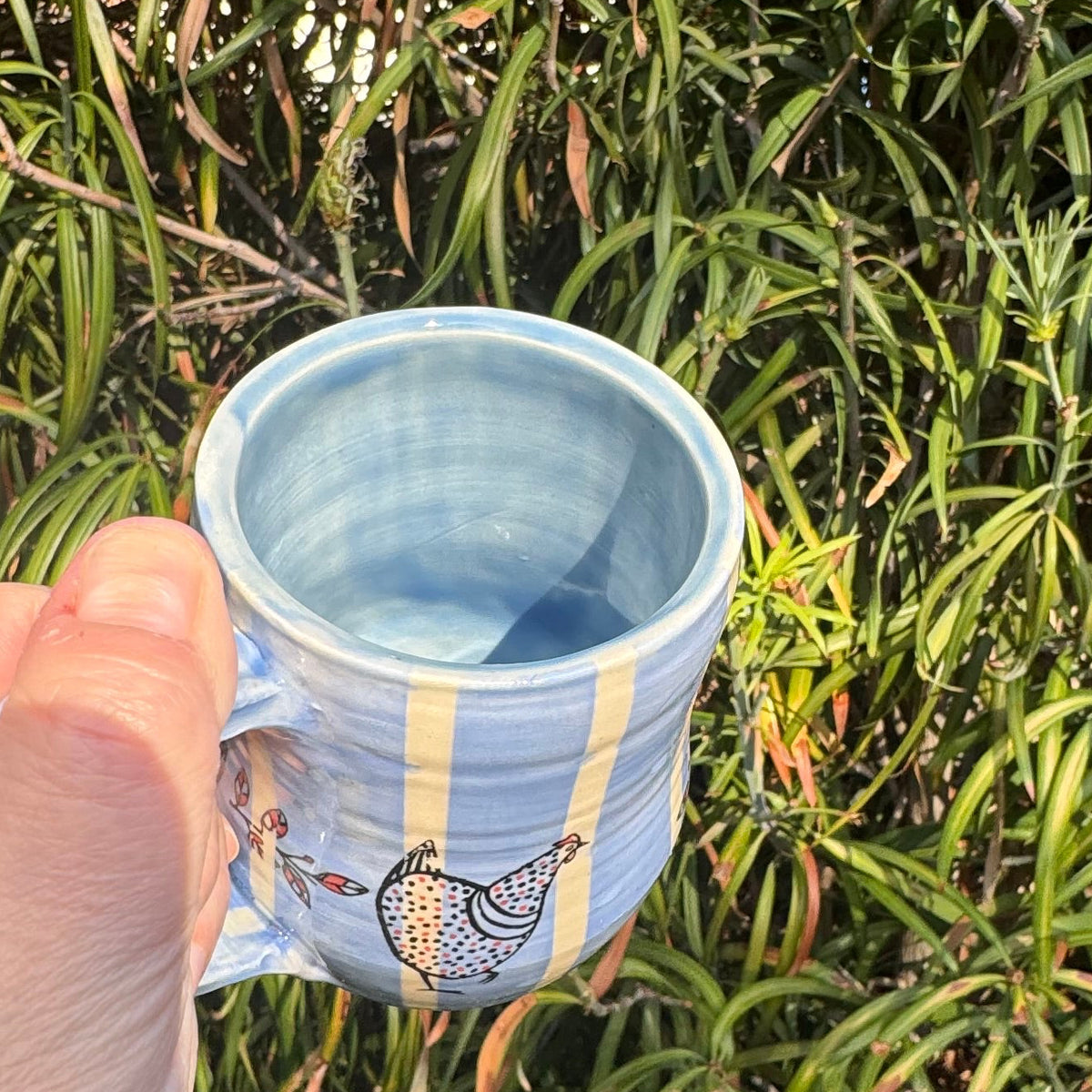 Blue Stripe & Chickens 8 Oz Wheel-Thrown Stoneware Mug