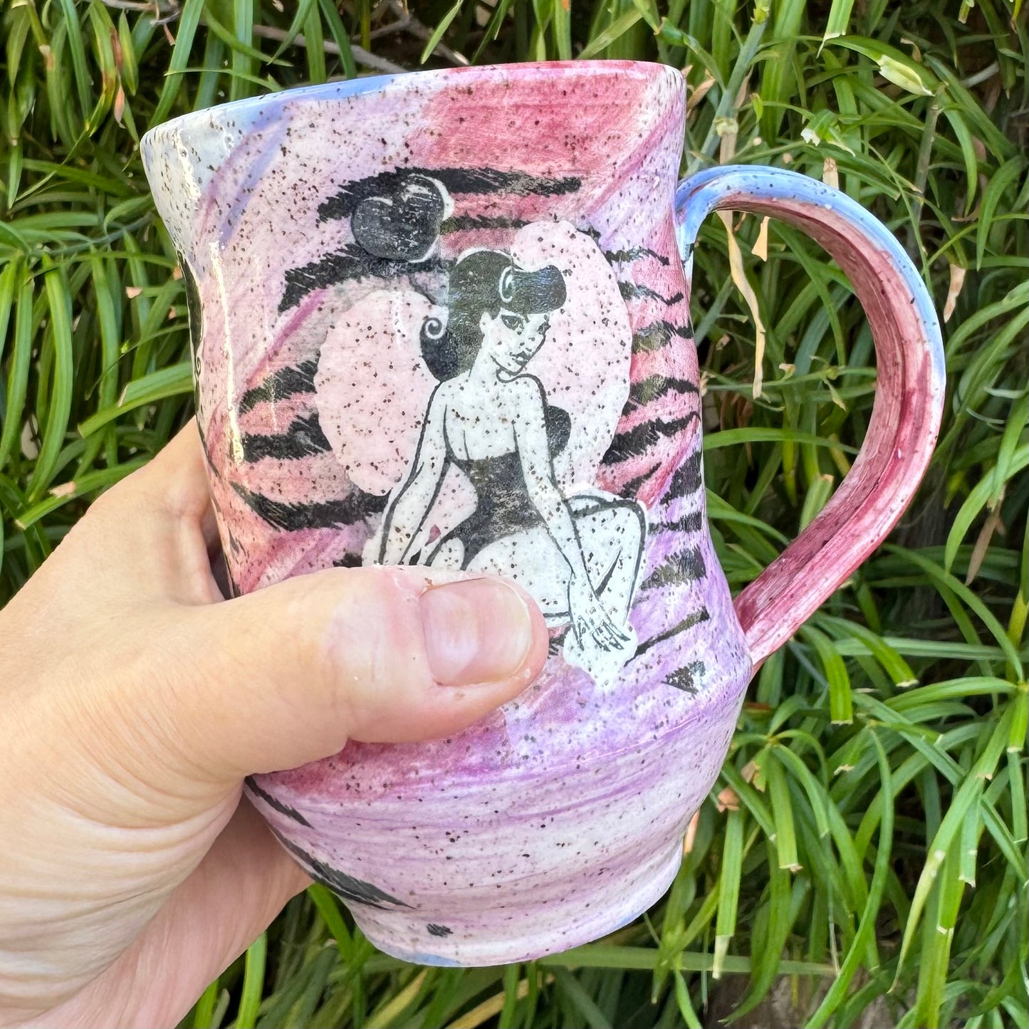 Hand-Thrown Stoneware Mug — Retro Pin-Up Swirl
