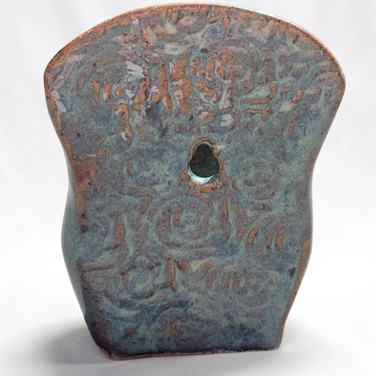 Rock N Art Shop handmade speckled stoneware wall pocket vase with a textured blue-green glaze and hanging hole.