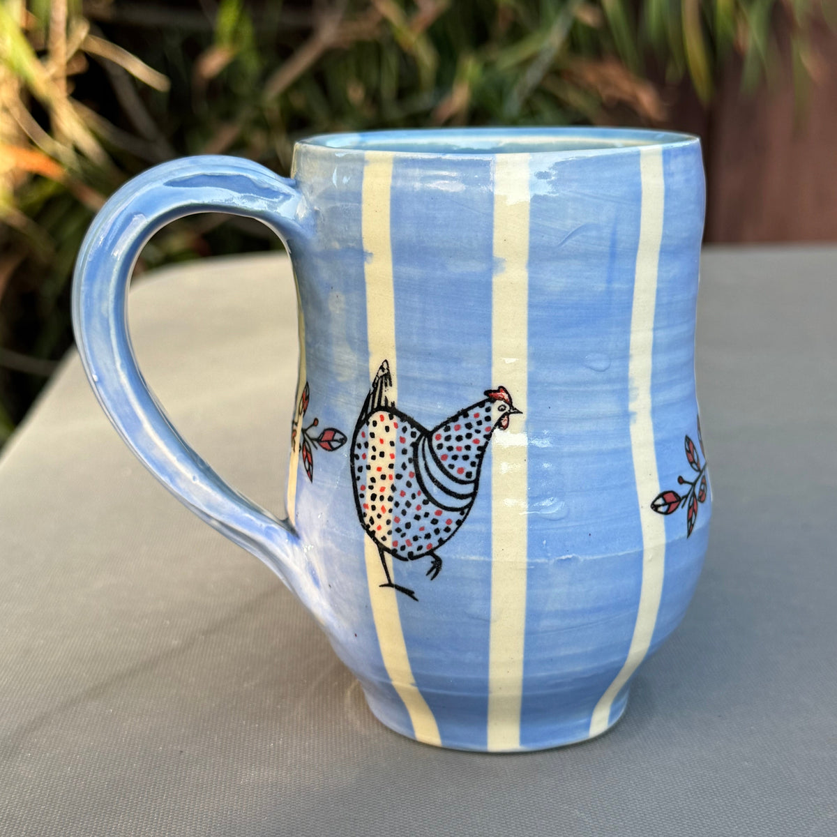 Blue Stripe & Chickens 8 Oz Wheel-Thrown Stoneware Mug