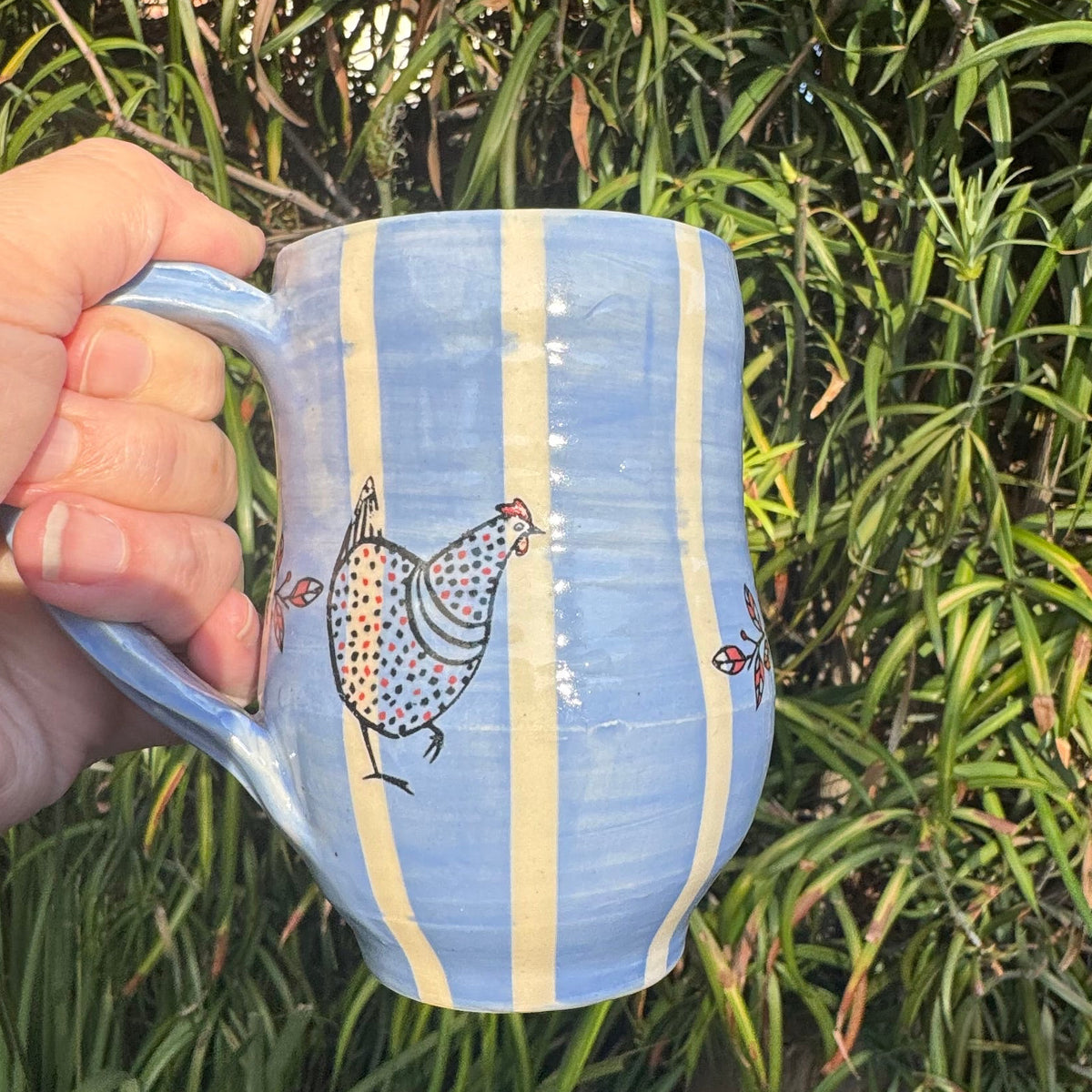 Blue Stripe & Chickens 8 Oz Wheel-Thrown Stoneware Mug