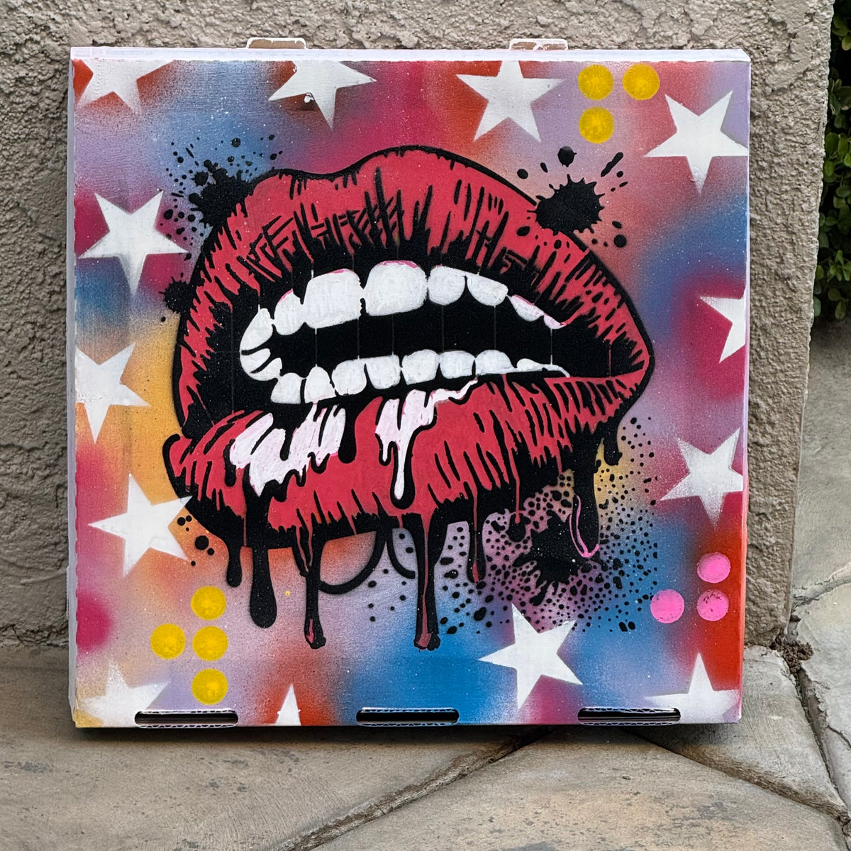 Dripping Lips Upcycled Pizza Box Pop Art – 14.5” x 14.5”