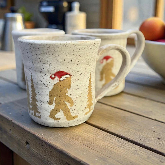 Bigfoot Santa Mug | Speckled Stoneware Holiday Coffee Cup | Handmade Cryptid Pottery