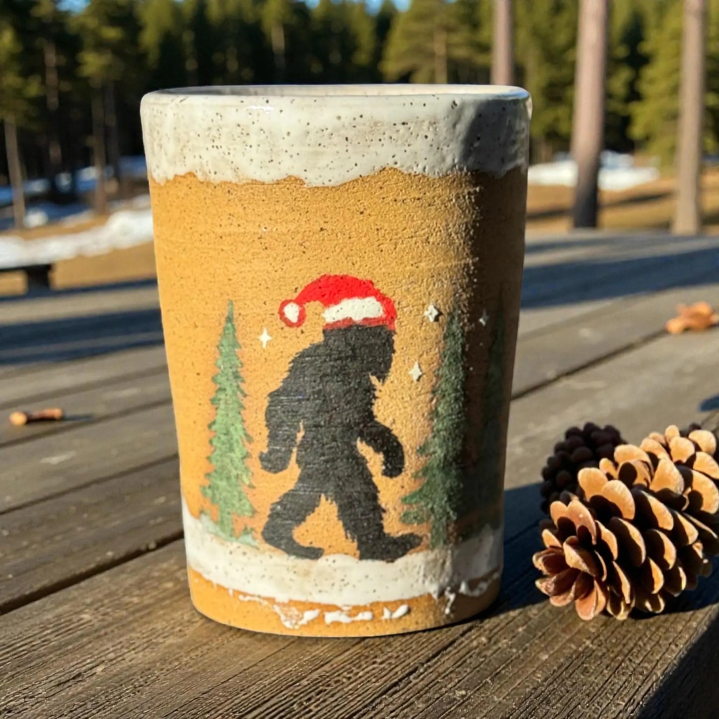 Bigfoot Santa Ceramic Tumbler #2 | 8 oz Handmade Christmas Mug | Unique Holiday Drinkware Gift