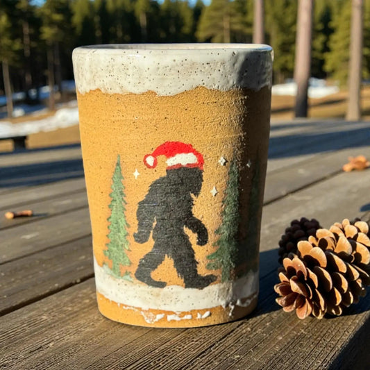 Bigfoot Santa Ceramic Tumbler #2 | 8 oz Handmade Christmas Mug | Unique Holiday Drinkware Gift