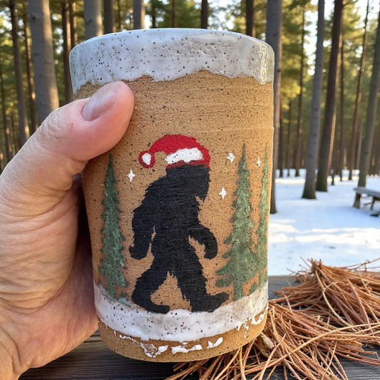 Bigfoot Santa Ceramic Tumbler #2 | 8 oz Handmade Christmas Mug | Unique Holiday Drinkware Gift