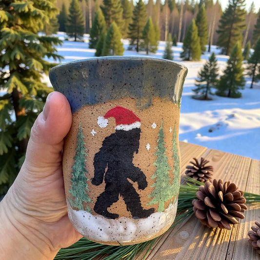 Bigfoot Santa Ceramic Tumbler | 8 oz Handmade Christmas Mug | Unique Holiday Drinkware Gift