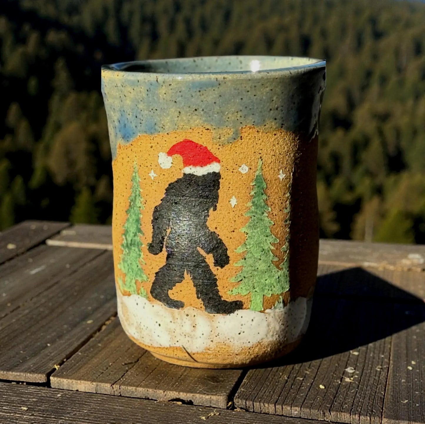Bigfoot Santa Ceramic Tumbler | 8 oz Handmade Christmas Mug | Unique Holiday Drinkware Gift
