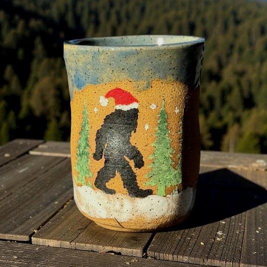 Bigfoot Santa Ceramic Tumbler | 8 oz Handmade Christmas Mug | Unique Holiday Drinkware Gift