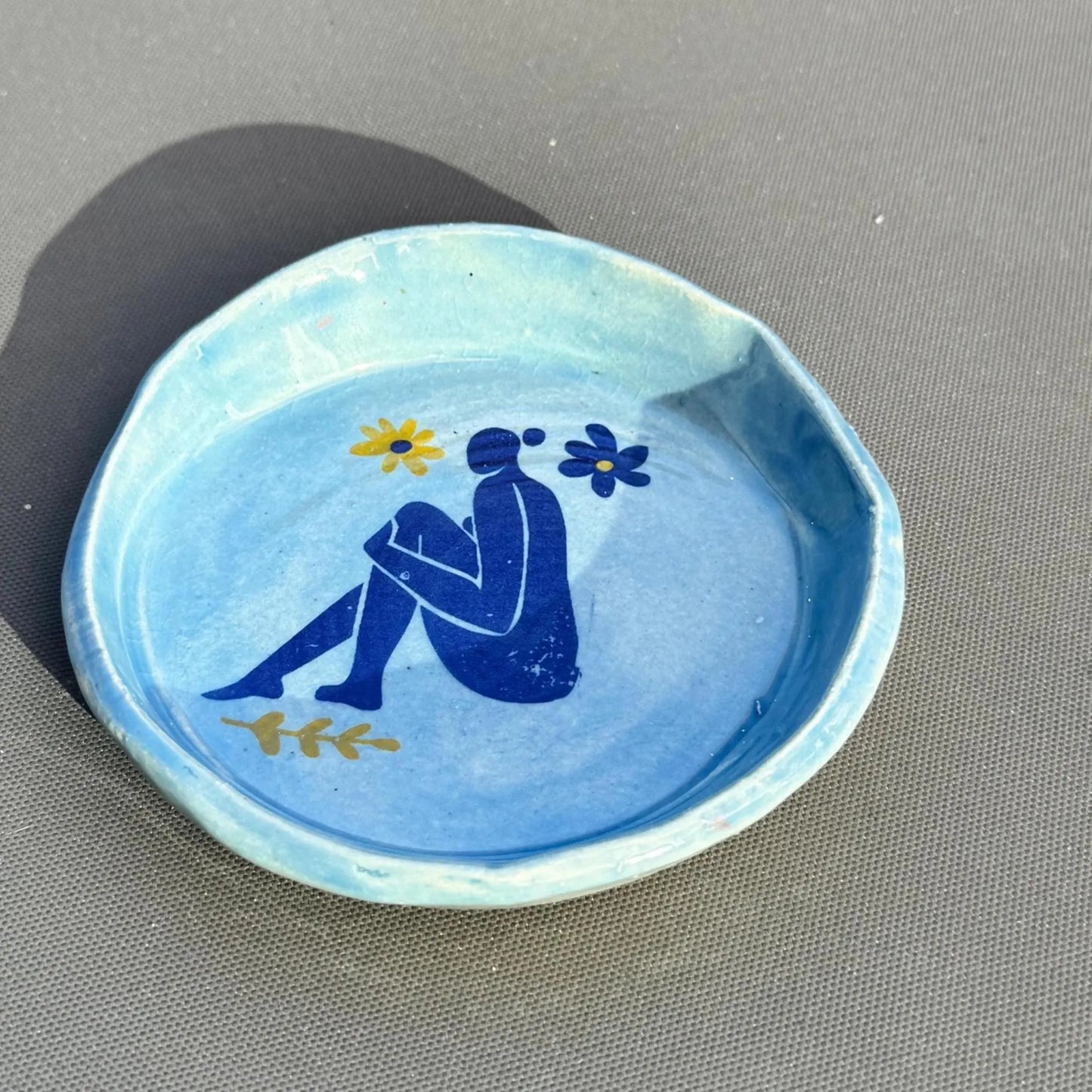 Handmade Ceramic Trinket Dish | Blue Figure & Flower Stoneware Jewelry Dish