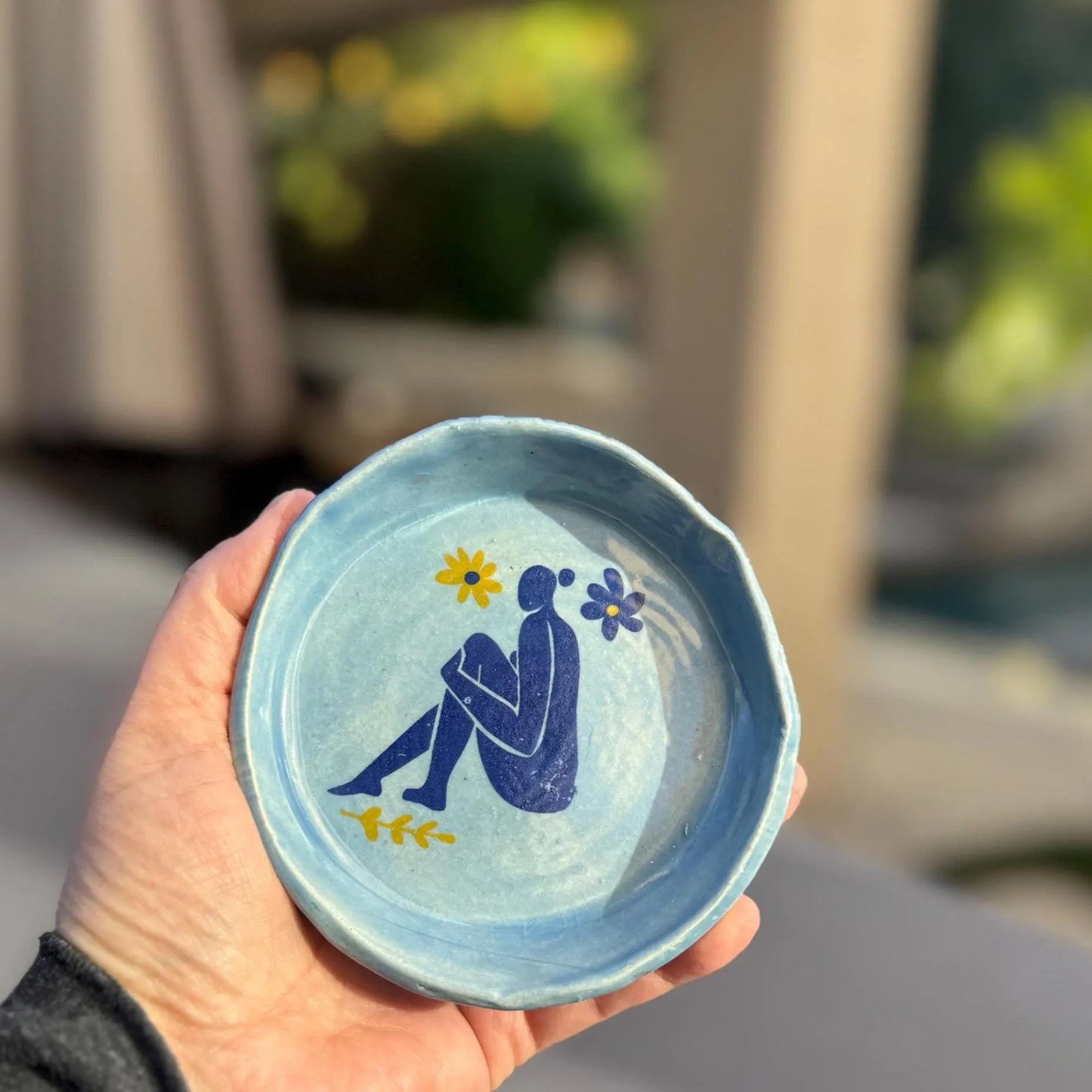 Handmade Ceramic Trinket Dish | Blue Figure & Flower Stoneware Jewelry Dish