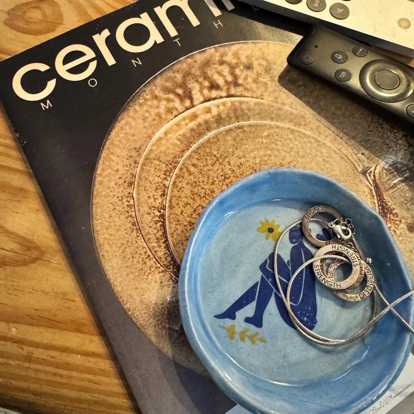 Handmade Ceramic Trinket Dish | Blue Figure & Flower Stoneware Jewelry Dish