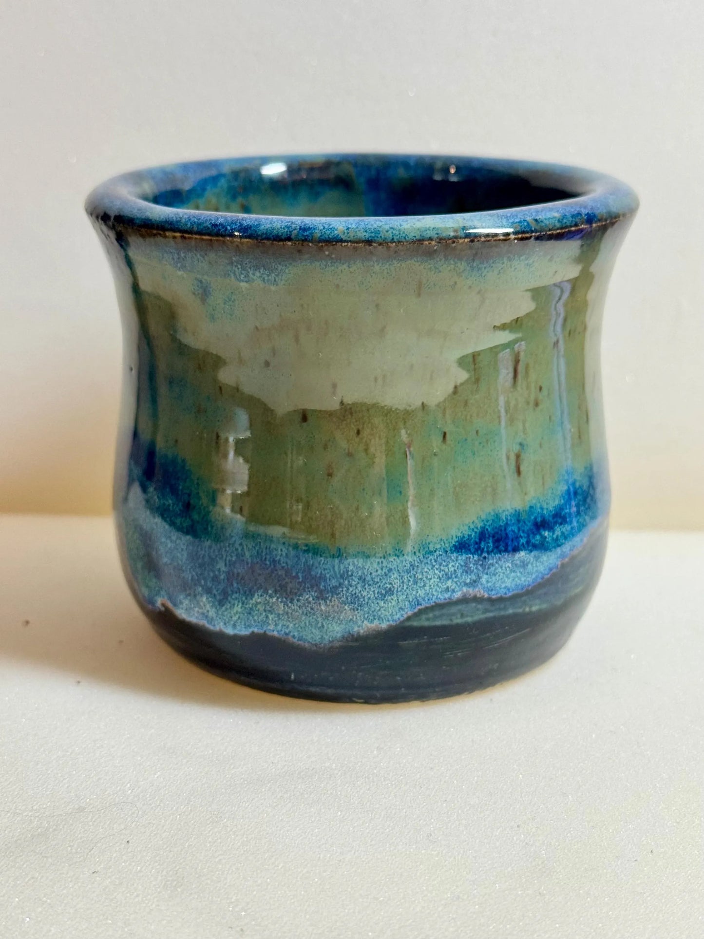 Blue & Green Flowing Glaze Tumbler | 8 oz Speckled Porcelain | Handmade Wheel-Thrown Pottery
