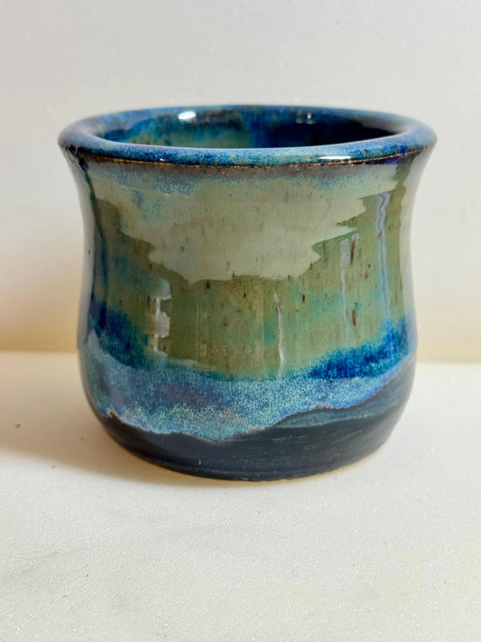 Blue & Green Flowing Glaze Tumbler | 8 oz Speckled Porcelain | Handmade Wheel-Thrown Pottery