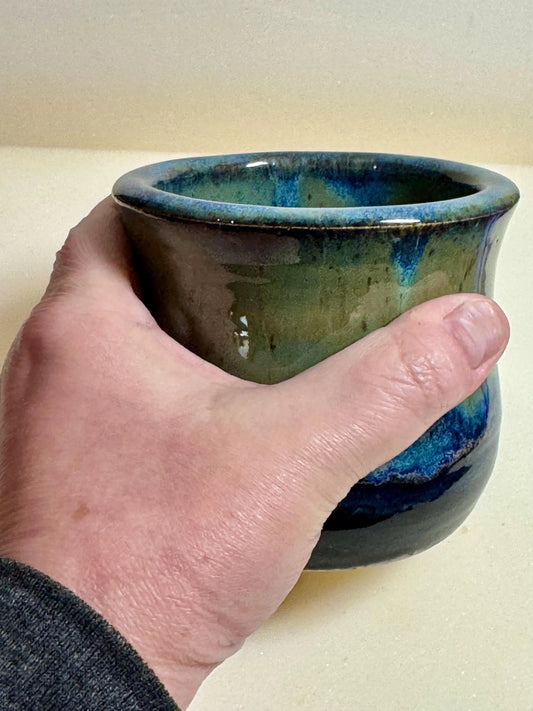 Blue & Green Flowing Glaze Tumbler | 8 oz Speckled Porcelain | Handmade Wheel-Thrown Pottery
