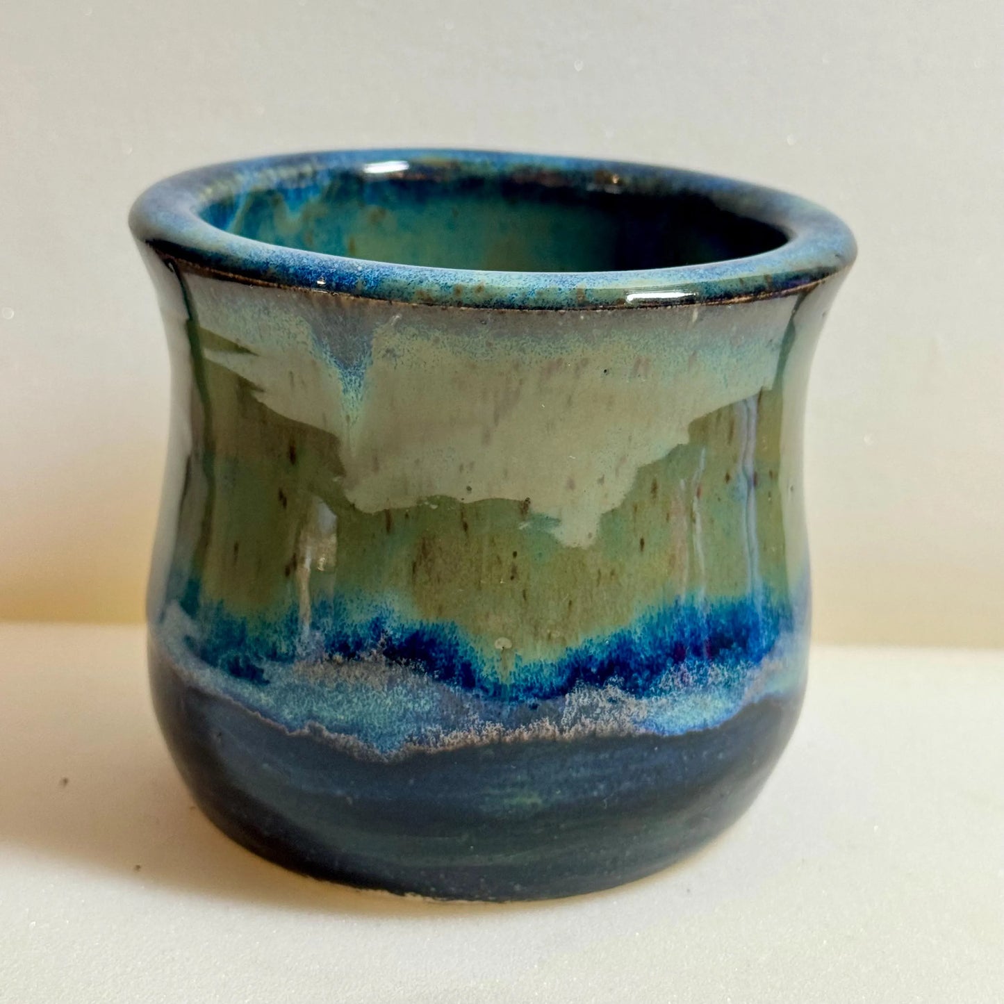 Blue & Green Flowing Glaze Tumbler | 8 oz Speckled Porcelain | Handmade Wheel-Thrown Pottery