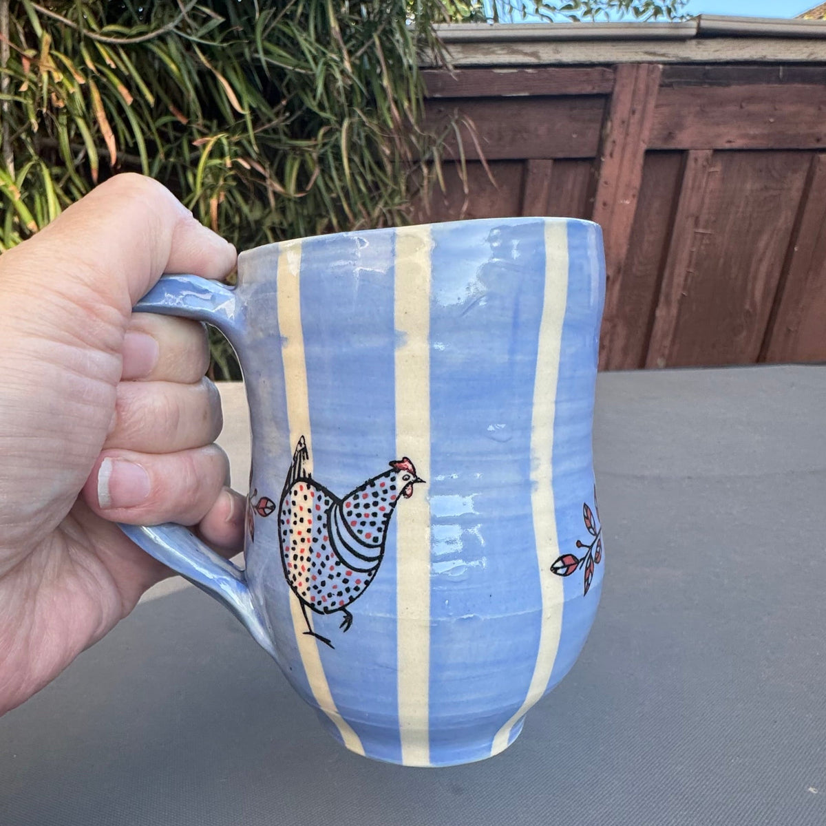 Blue Stripe & Chickens 8 Oz Wheel-Thrown Stoneware Mug