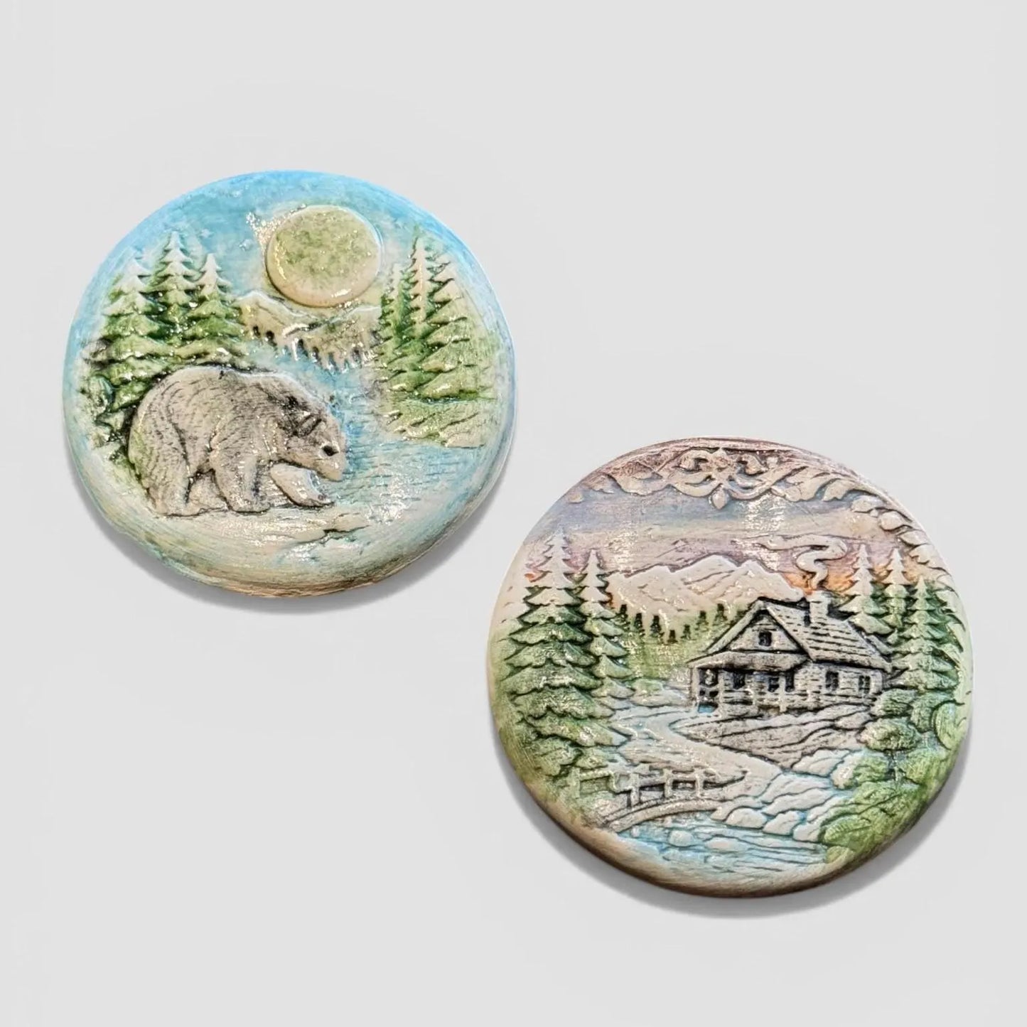 Porcelain Magnet Set | Bear & Mountain Cabin | Handmade Fridge Magnets | Nature Decor