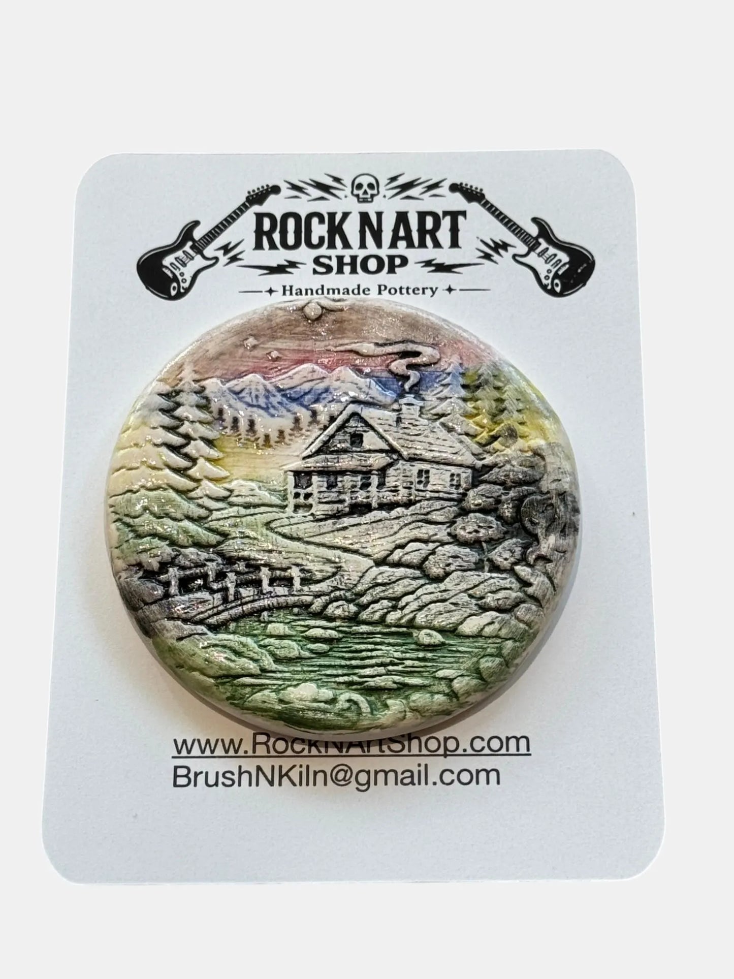 Porcelain Magnet Set | Bear & Mountain Cabin | Handmade Fridge Magnets | Nature Decor