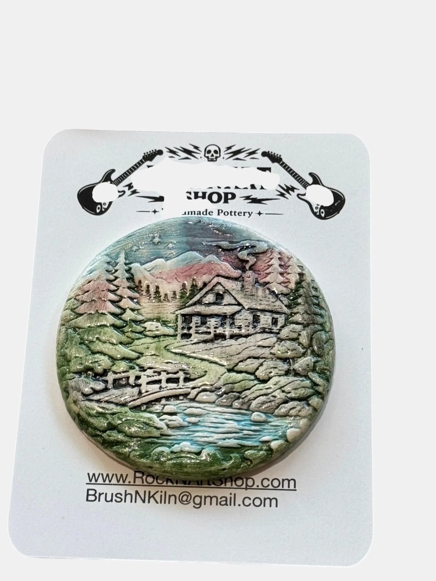 Porcelain Magnet Set | Bear & Mountain Cabin | Handmade Fridge Magnets | Nature Decor