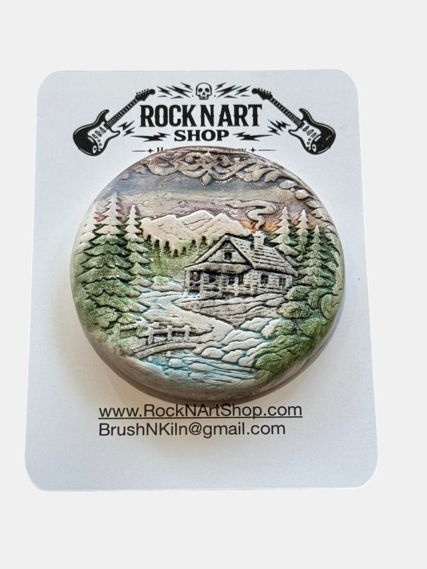 Porcelain Magnet Set | Bear & Mountain Cabin | Handmade Fridge Magnets | Nature Decor