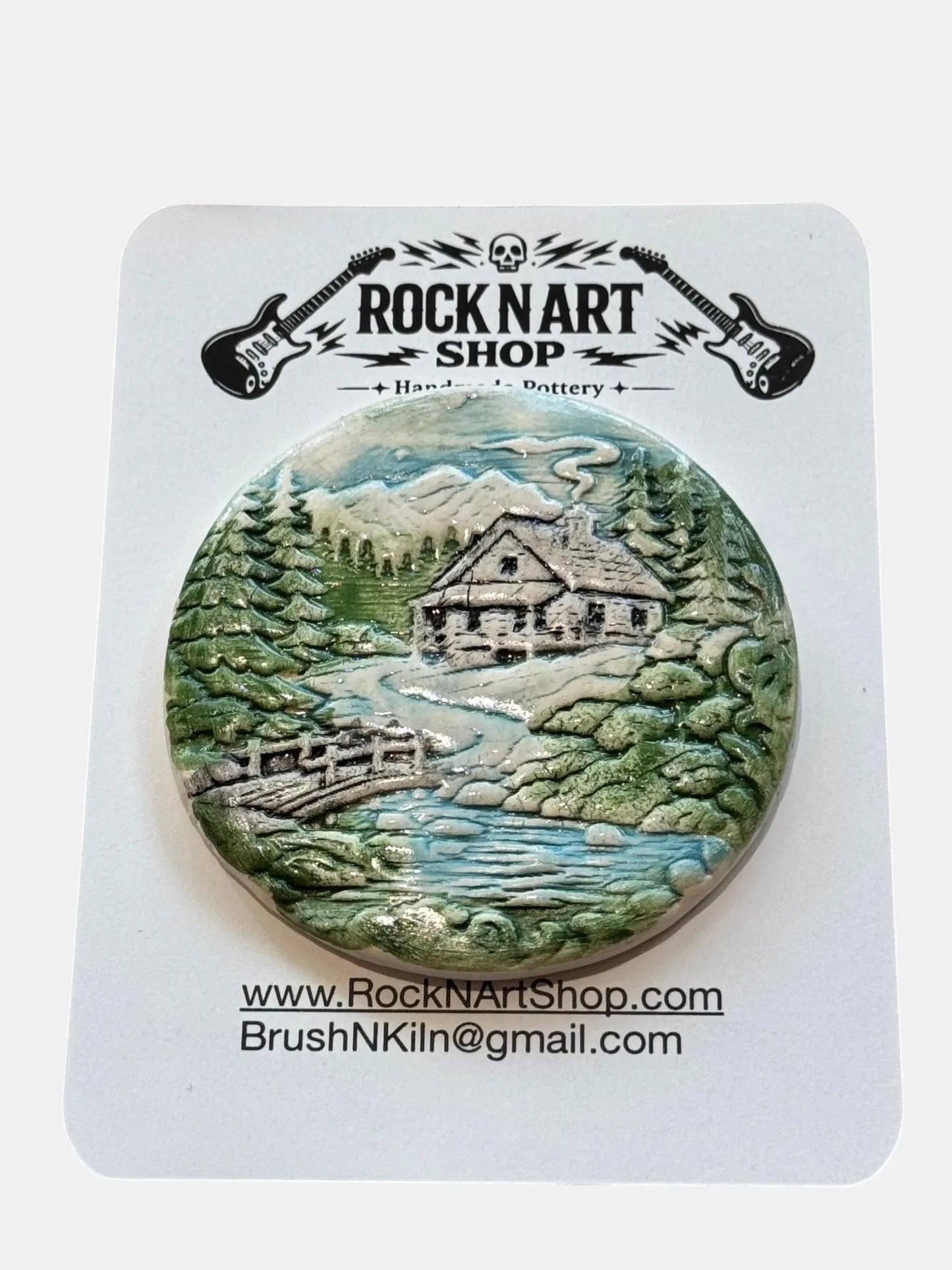 Porcelain Magnet Set | Bear & Mountain Cabin | Handmade Fridge Magnets | Nature Decor
