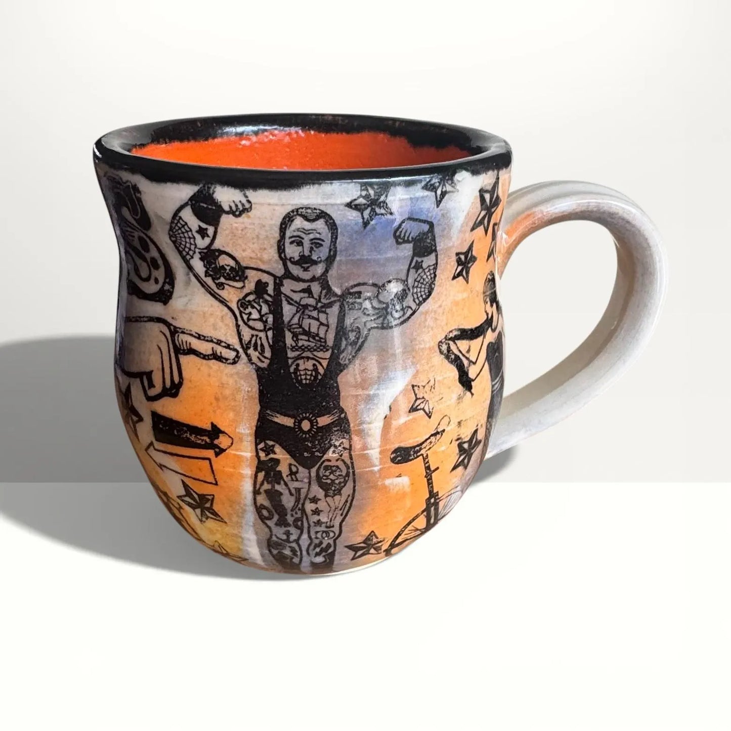Vintage Circus Mug | 12 oz Hand-Painted Stoneware | Carnival Tattoo Style Pottery