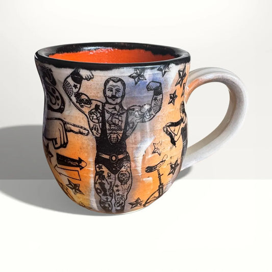 Vintage Circus Mug | 12 oz Hand-Painted Stoneware | Carnival Tattoo Style Pottery