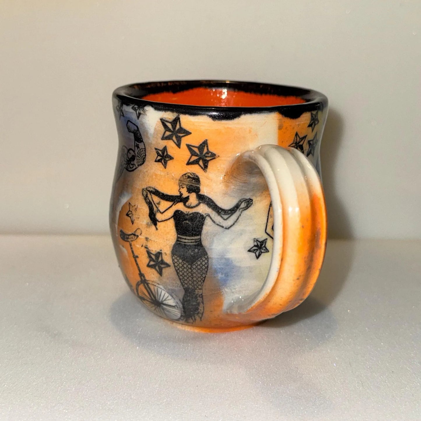 Vintage Circus Mug | 12 oz Hand-Painted Stoneware | Carnival Tattoo Style Pottery