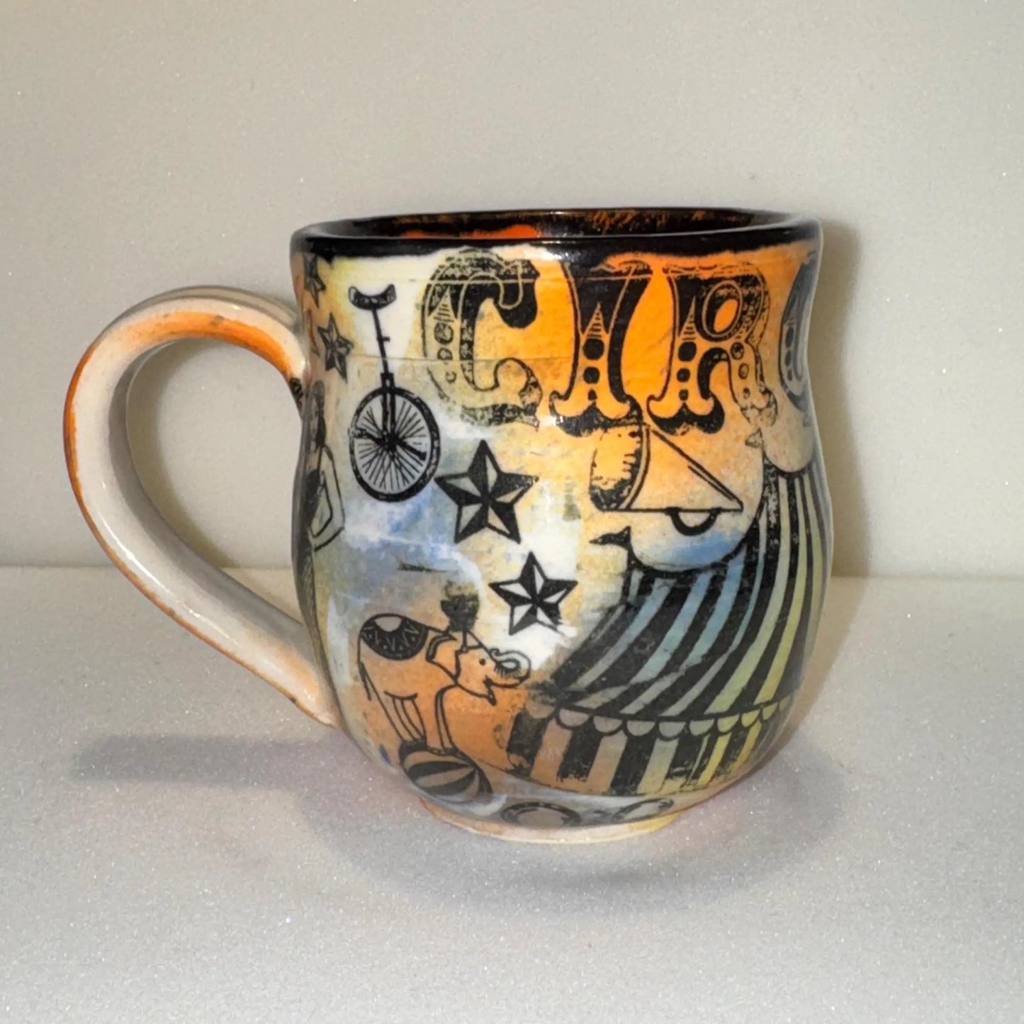 Vintage Circus Mug | 12 oz Hand-Painted Stoneware | Carnival Tattoo Style Pottery
