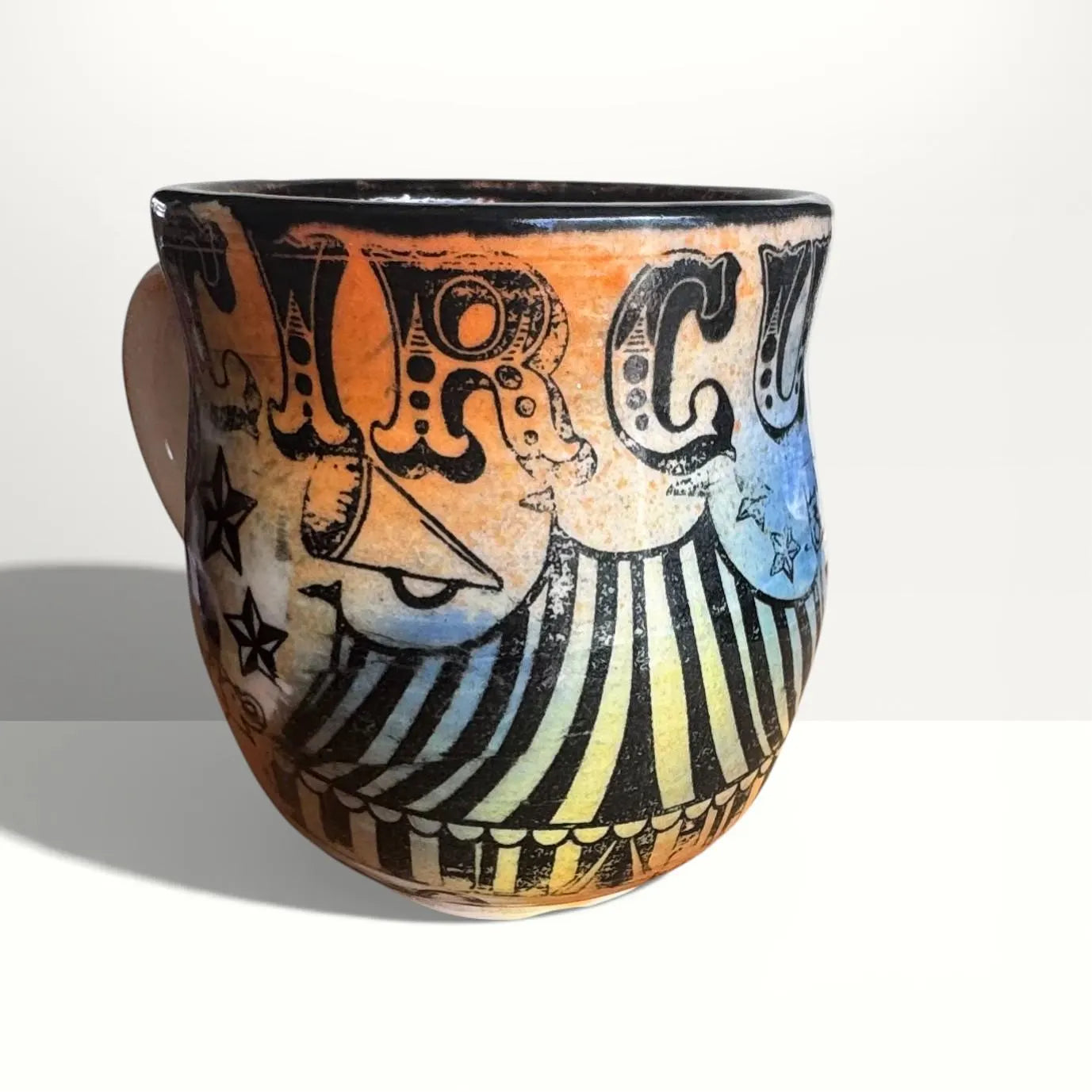 Vintage Circus Mug | 12 oz Hand-Painted Stoneware | Carnival Tattoo Style Pottery