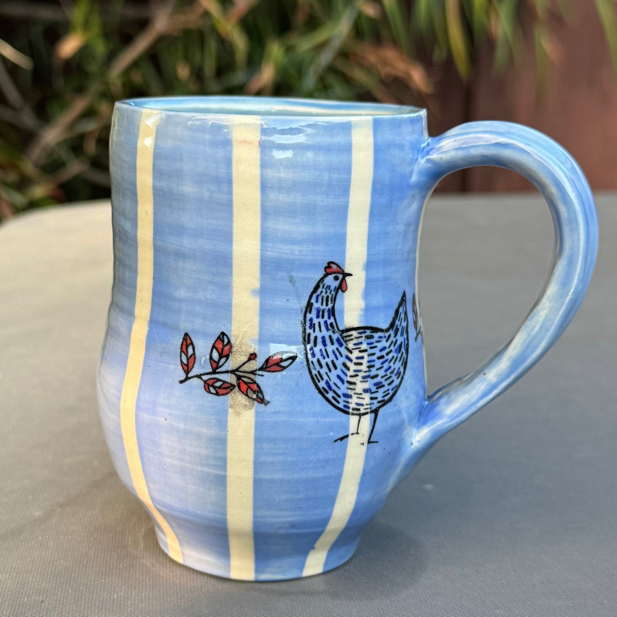 Blue Stripe & Chickens 8 Oz Wheel-Thrown Stoneware Mug
